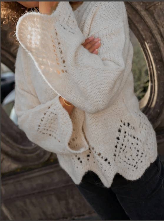 EMBROIDERY EFFECT LOOSE FLARE SLEEVES KNIT SWEATER: BEIGE