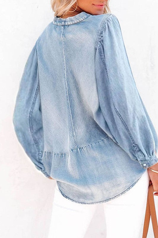 SKY BLUE BALLOON SLEEVE SLIT V-NECK DENIM TOP