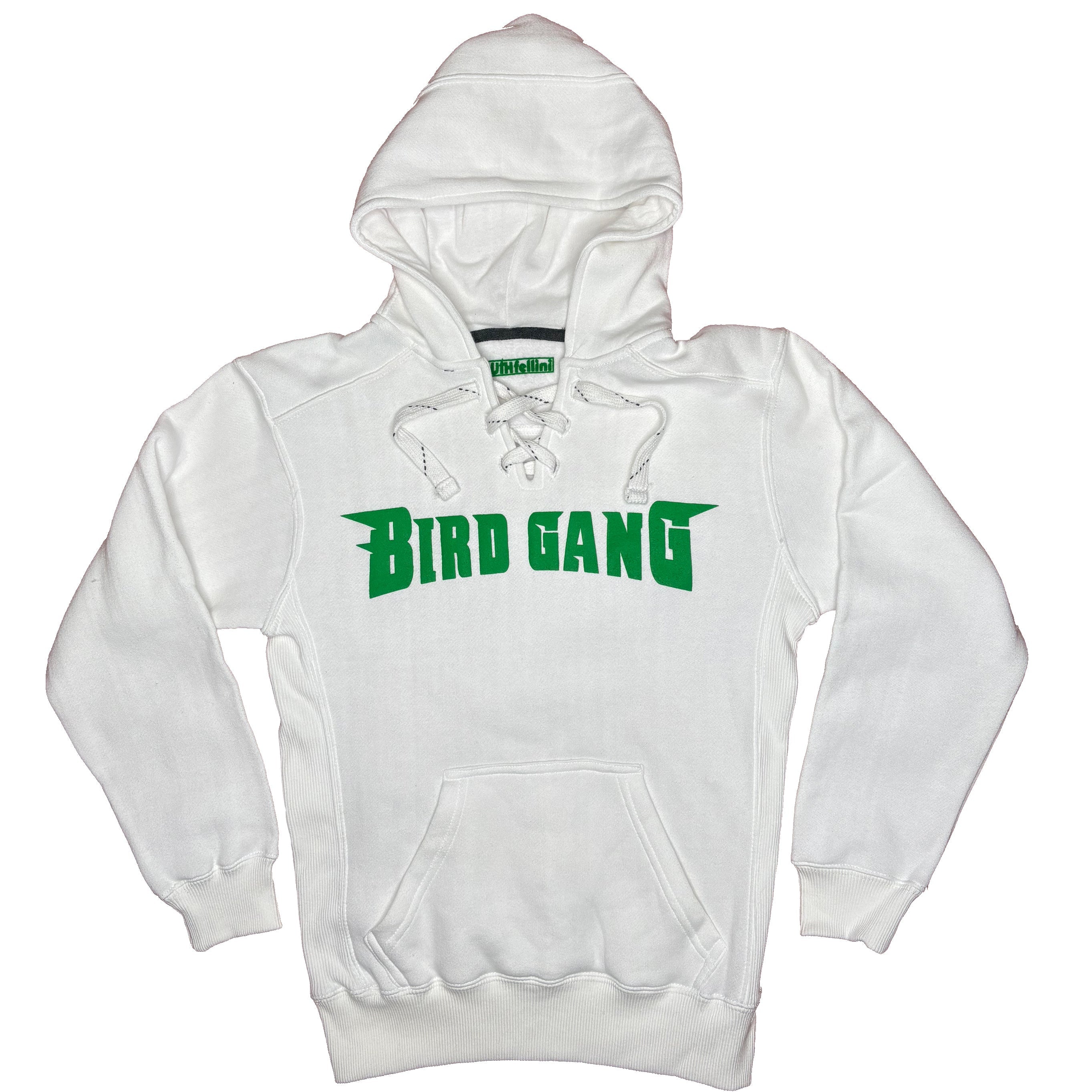 BIRD GANG PUFFY PRINT LACE UP HOODIE (WHITE)