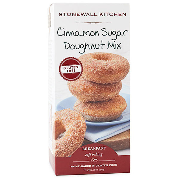 A package of Stonewall Kitchen Gluten Free Cinnamon Sugar Doughnut Mix, with an image of prepared doughnuts on the front.