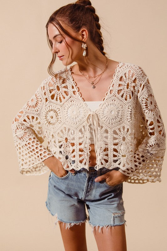 CROCHET KNIT TIE FRONT CARDIGAN