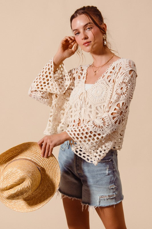 CROCHET KNIT TIE FRONT CARDIGAN