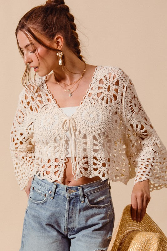 CROCHET KNIT TIE FRONT CARDIGAN
