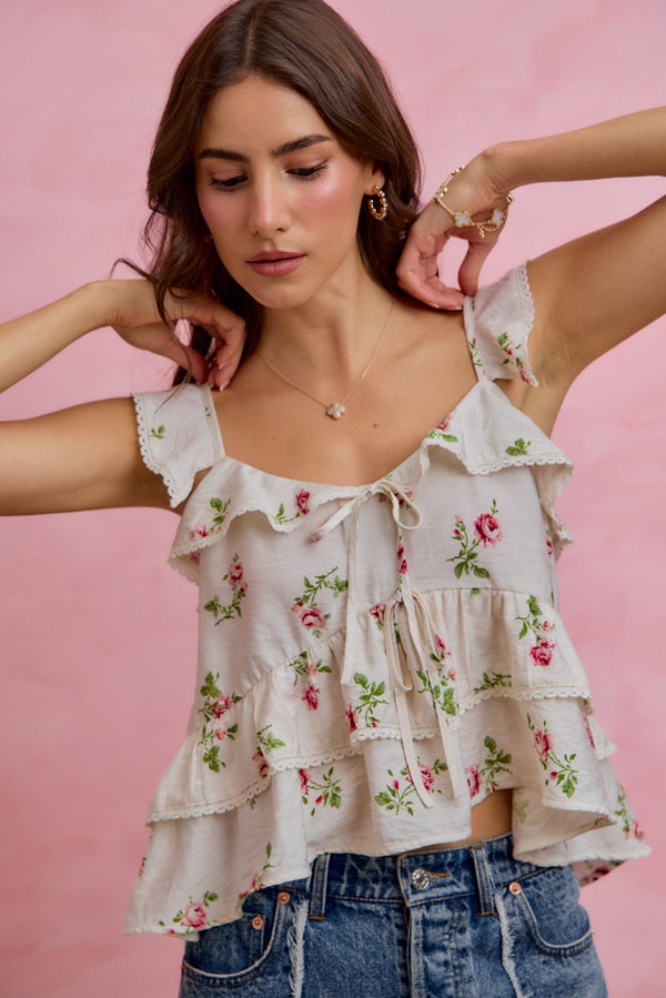 FLORAL PRINT TEXTURED WOVEN RUFFLE BLOUSE TOP
