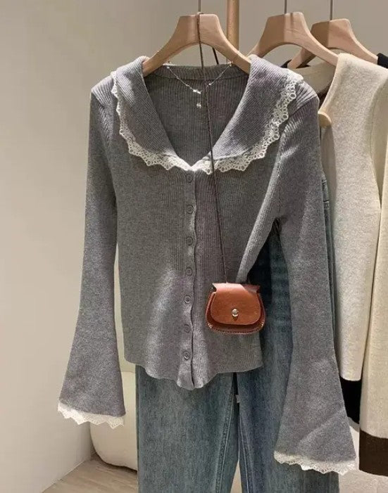 LACE TRIM KNIT CARDIGAN