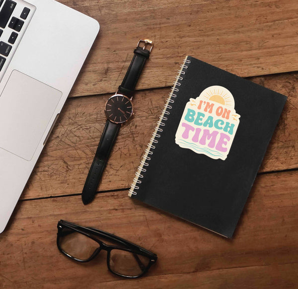I'M ON BEACH TIME RETRO SUNSET STICKER