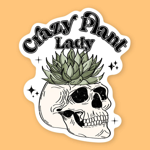 Sticker with skull and succulent design and 'Crazy Plant Lady' text on a beige background