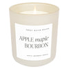 A beige candle labeled 'APPLE MAPLE BOURBON' with 'Sweet Water Decor' on the label, indicating a scent blend of apple, maple, and bourbon with a hint of cinnamon and coconut.