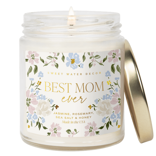 BEST MOM EVER SOY PATTERNED CANDLE - CLEAR JAR - 9 OZ (WILDFLOWERS AND SALT)