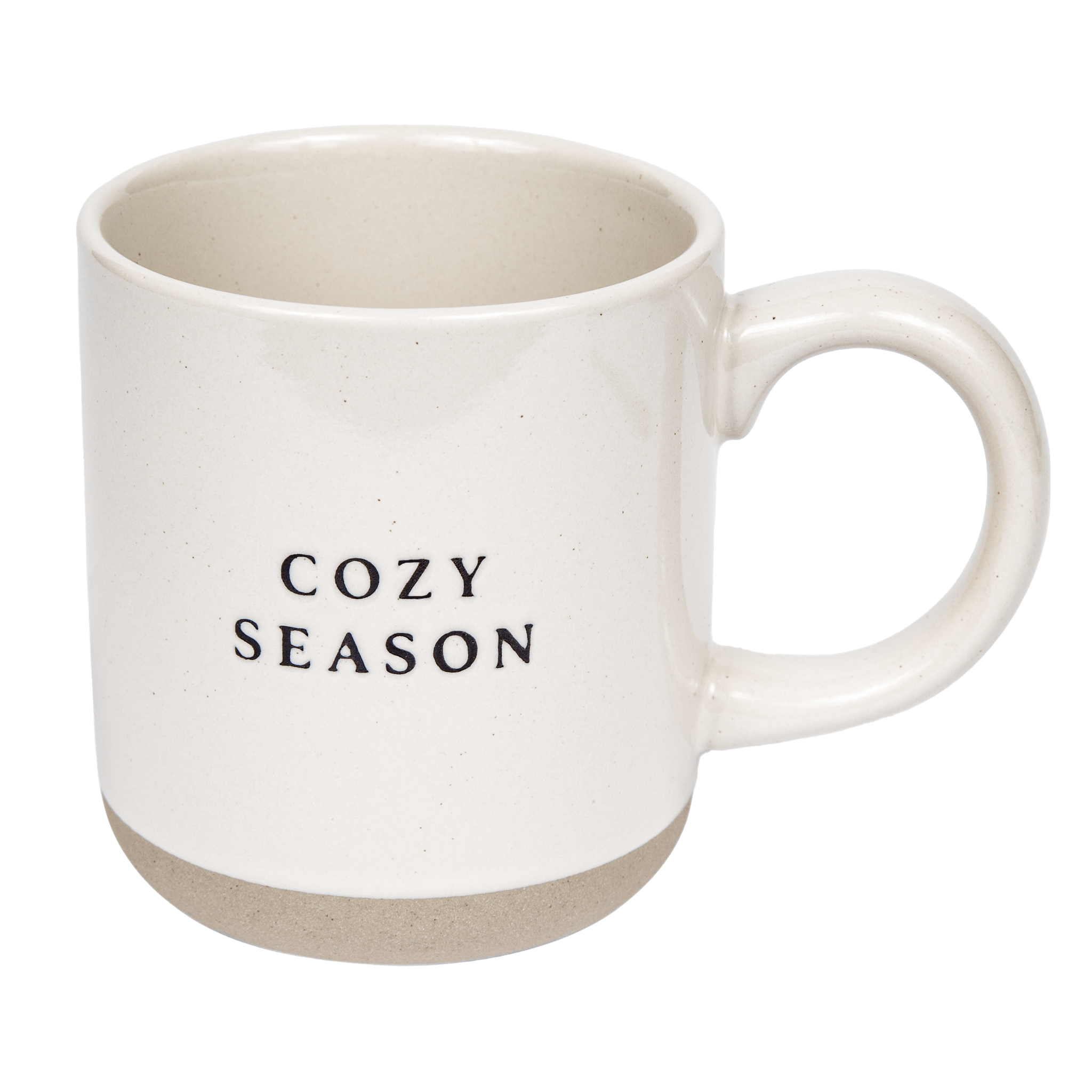 A white stoneware coffee mug with 'COZY SEASON' text in black on both sides.