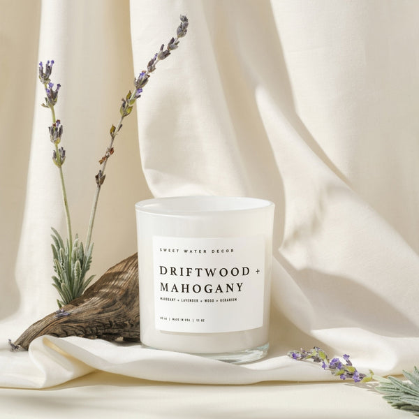 DRIFTWOOD AND MAHOGANY SOY CANDLE - WHITE JAR - 11 OZ