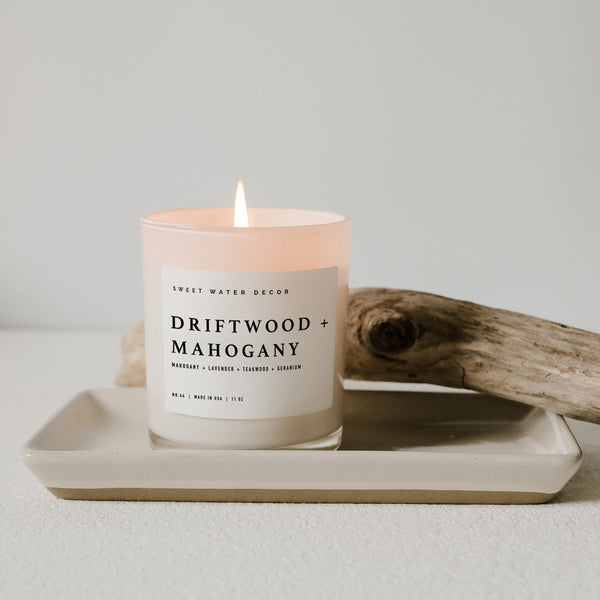 DRIFTWOOD AND MAHOGANY SOY CANDLE - WHITE JAR - 11 OZ