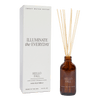A brown glass reed diffuser bottle with 'Hello Fall' branding, alongside a white box packaging with the text 'Illuminate the Everyday'.