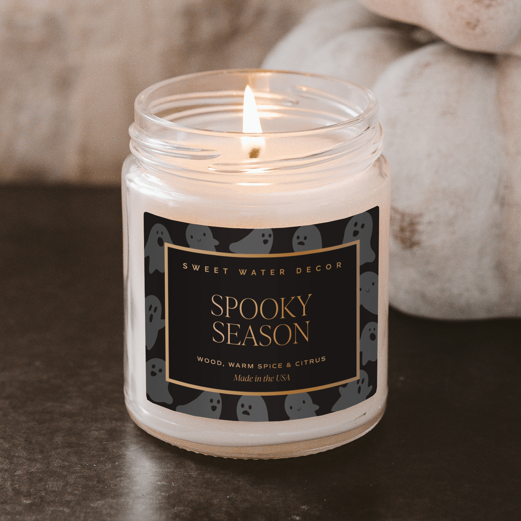 SPOOKY SEASON SOY CANDLE - PATTERNED 9 OZ - CLEAR JAR (COZY SEASON)