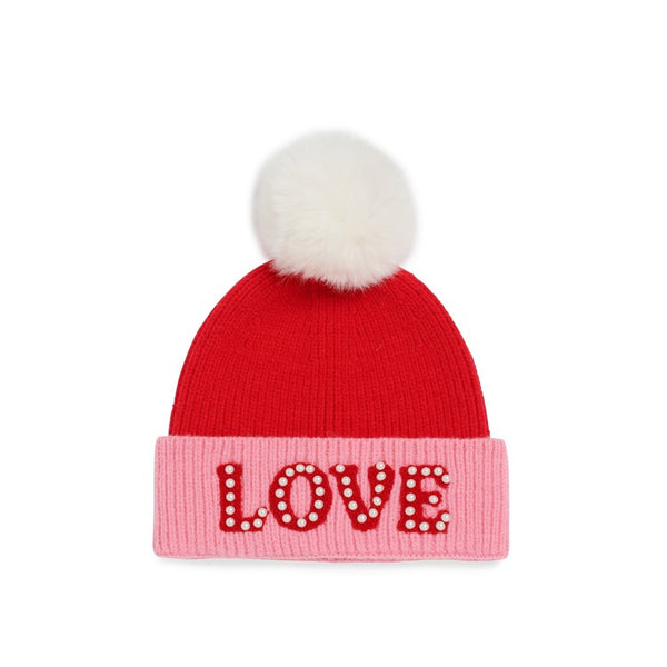 "LOVE" BEANIE WITH PEARLS,RED