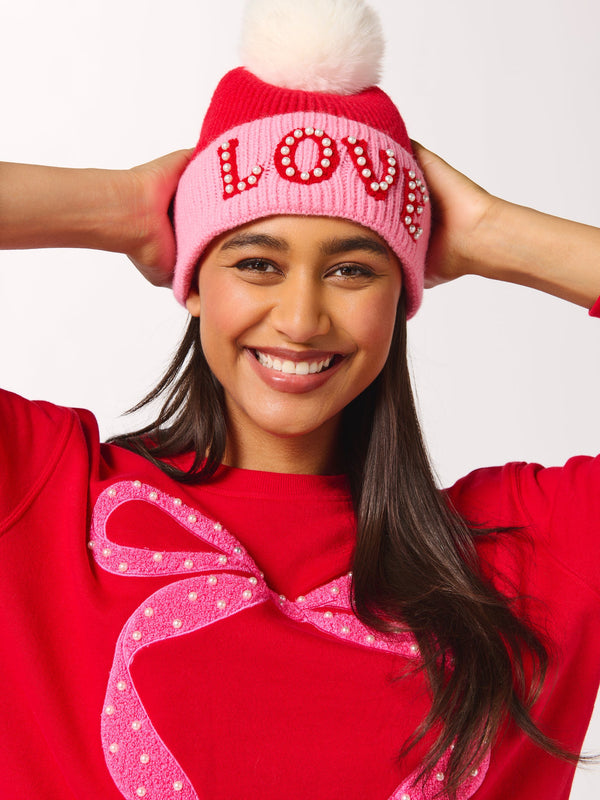 "LOVE" BEANIE WITH PEARLS, RED