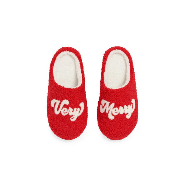 ASSORTED SET OF 2 SIZES "VERRY MERRY" SLIPPERS ,RED
