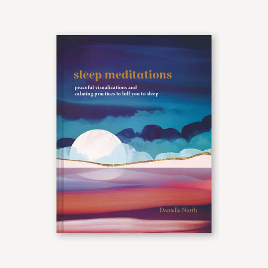Book cover of 'Sleep Meditations' with a colorful landscape design and moon.