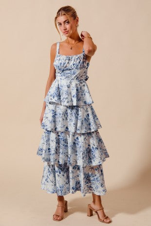 FLORAL PRINT TIERED MAXI DRESS WITH RIBBON TIE