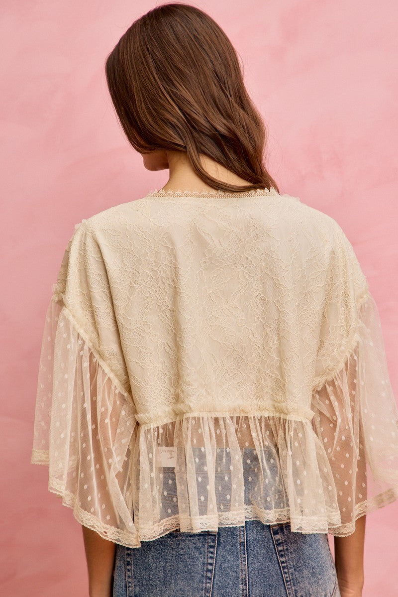 FLORAL APPLIQUE LACE FLOWY V NECK BLOUSE TOP