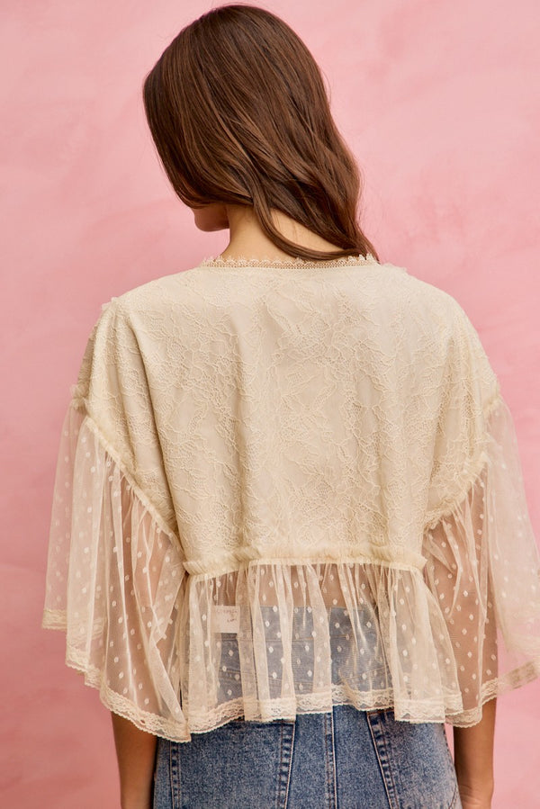 FLORAL APPLIQUE LACE FLOWY V NECK BLOUSE TOP