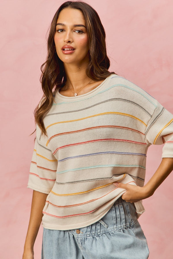 RAINBOW STRIPE SHORT SLEEVE SWEATER
