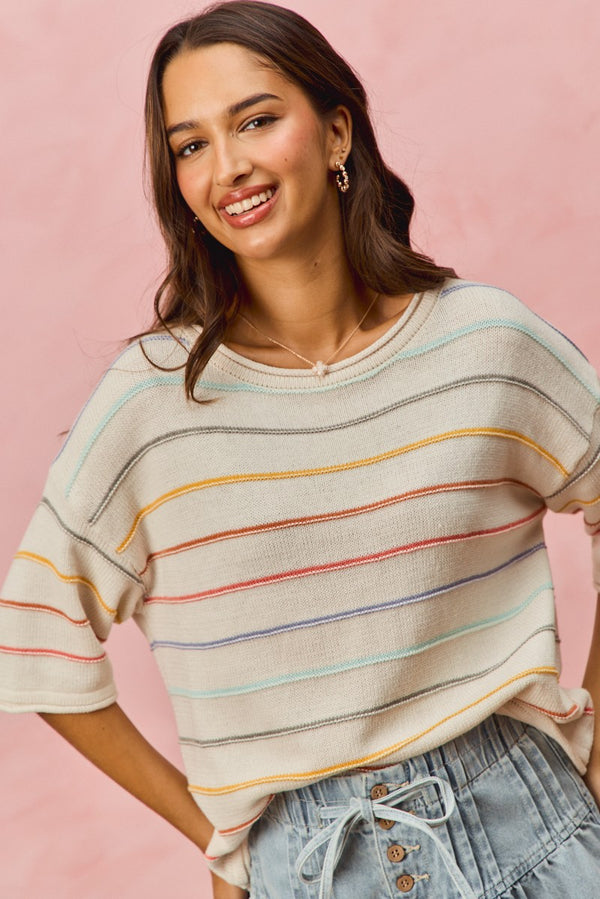 RAINBOW STRIPE SHORT SLEEVE SWEATER
