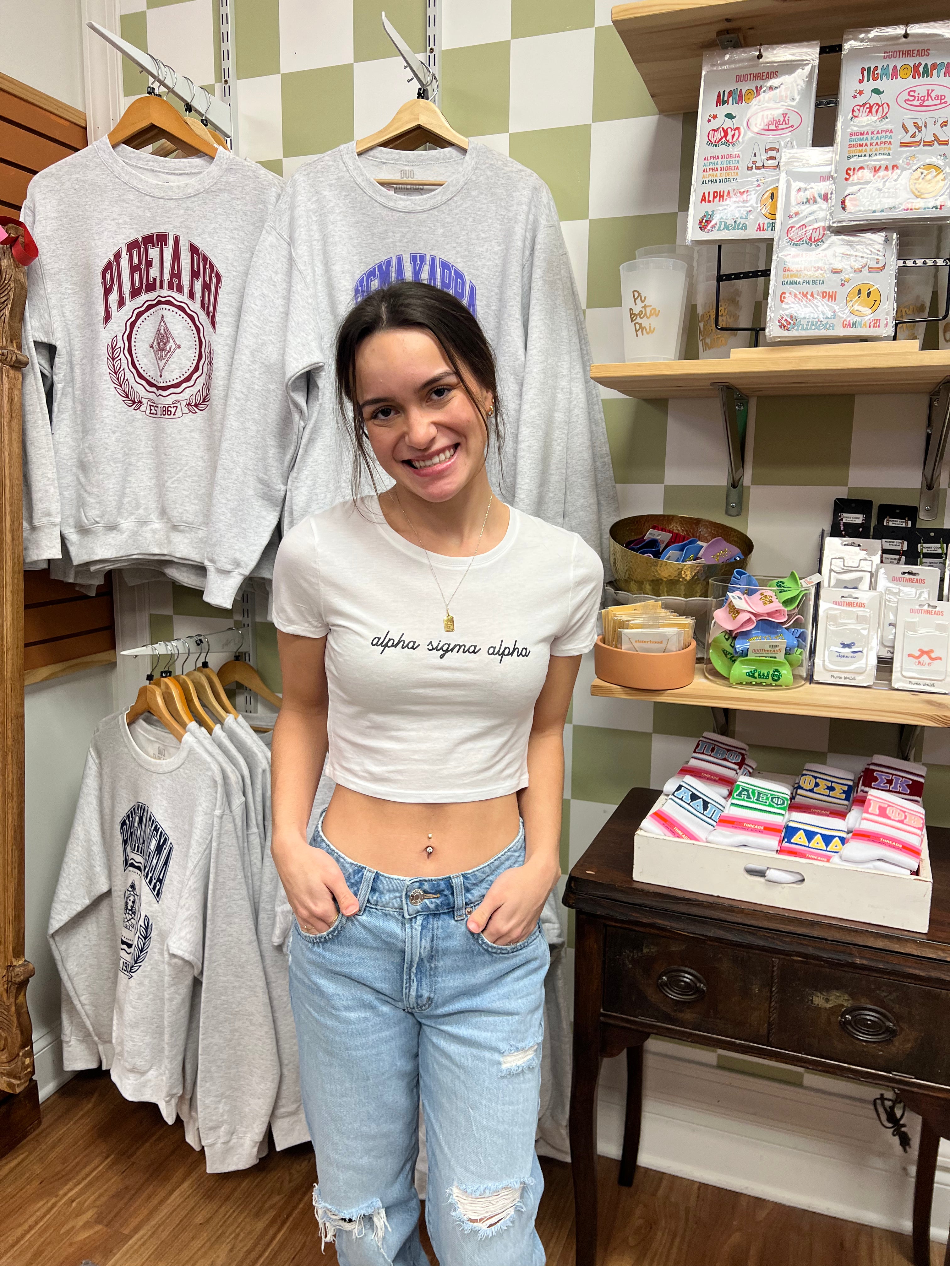 ALPHA SIGMA ALPHA SCRIPT CROP TEE