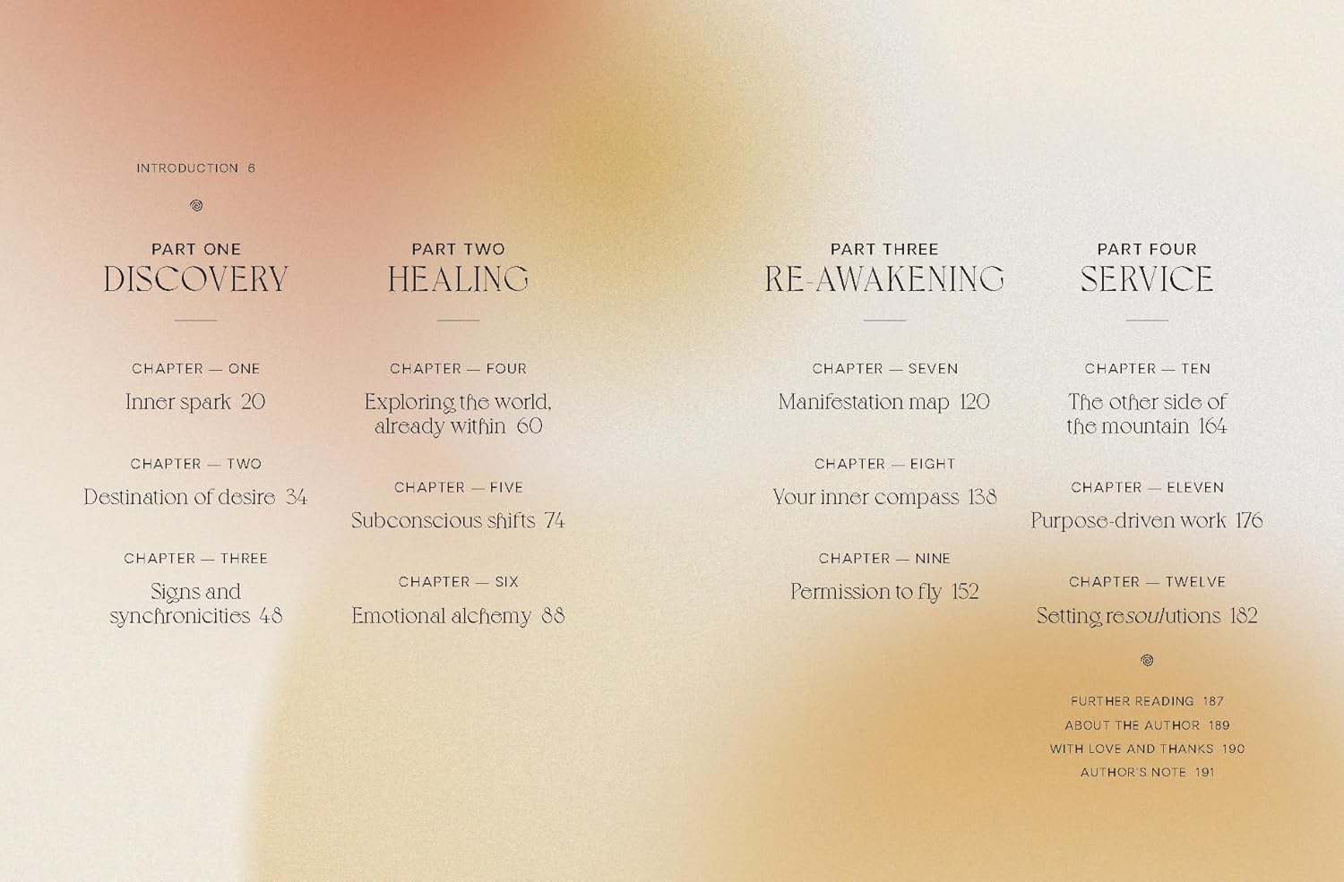 Table of contents for a book or guide with chapter titles and page numbers on a gradient background.
