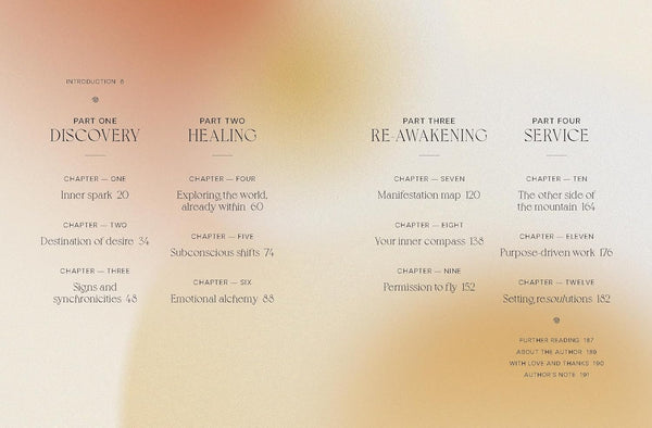 Table of contents for a book or guide with chapter titles and page numbers on a gradient background.