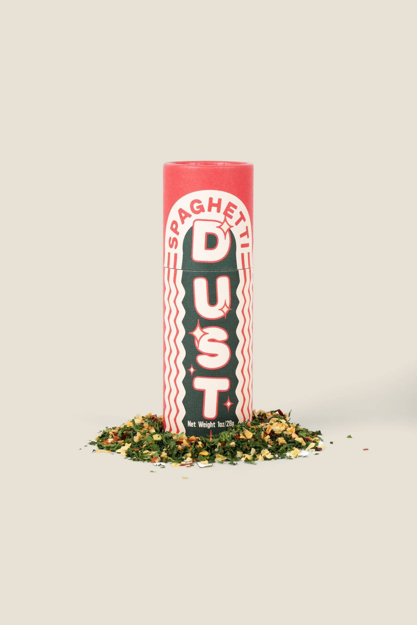 Spaghetti Dust container with a pink top on a beige background