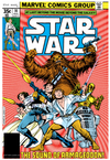 Comic book cover featuring Star Wars characters with Chewbacca, Luke Skywalker, and R2-D2 on a red and yellow background.