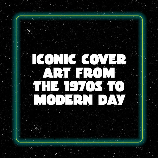 Text overlay on a black background with green border, featuring text about cover art from the 1970s to modern day.