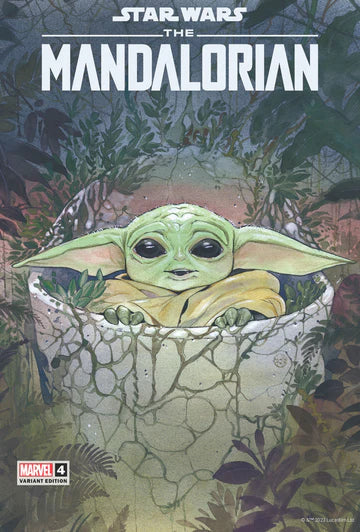 Comic book cover featuring Baby Yoda from 'The Mandalorian' with a dark, forest-like background.