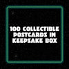 Text '100 Collectible Postcards in Keepsake Box' on a black background with a green border.