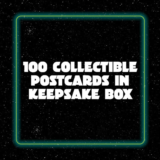 Text '100 Collectible Postcards in Keepsake Box' on a black background with a green border.