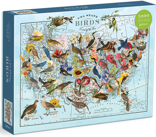 Gallison USA State Birds puzzle box with colorful birds and flowers on a map background