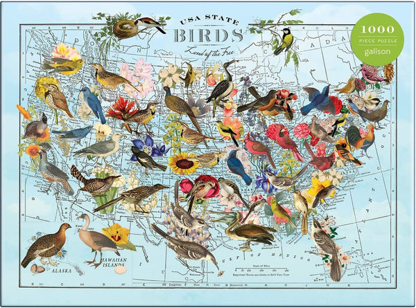 1000-piece puzzle featuring a map of U.S. states with birds and flowers on a blue background.