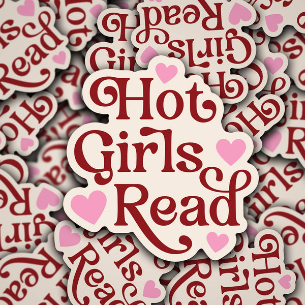 Sticker with 'Hot Girls Read' text surrounded by hearts on a patterned background