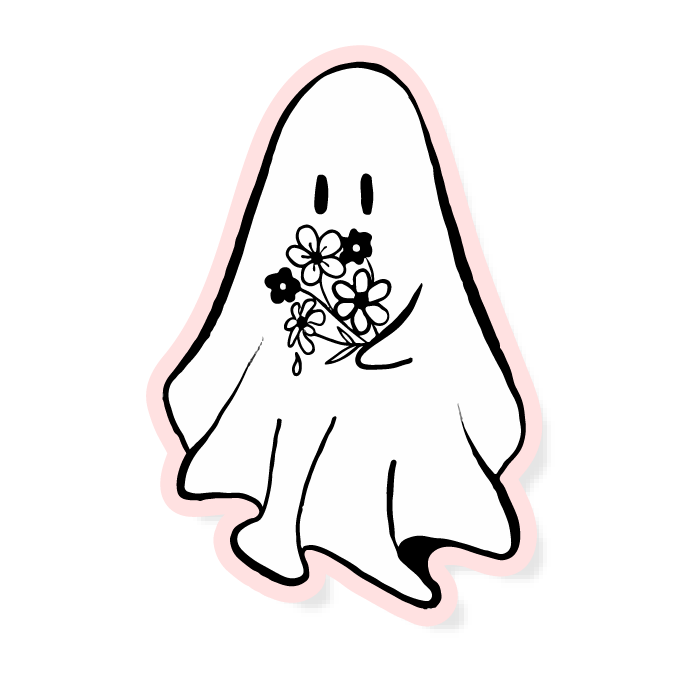 GHOST HOLDING A BOUQUET OF FLOWERS CUTE LOVE VINYL STICKER