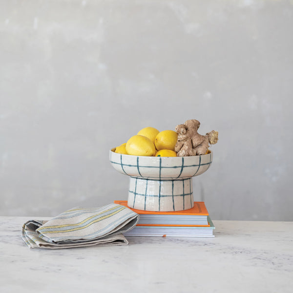 HAND-PAINTED STONEWARE PEDESTAL BOWL (EACH WILL VARY)