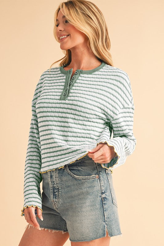 STRIPE TEXTURED LONG SLEEVE HENLEY TOP