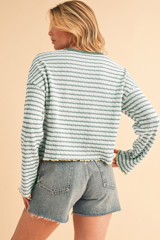 STRIPE TEXTURED LONG SLEEVE HENLEY TOP