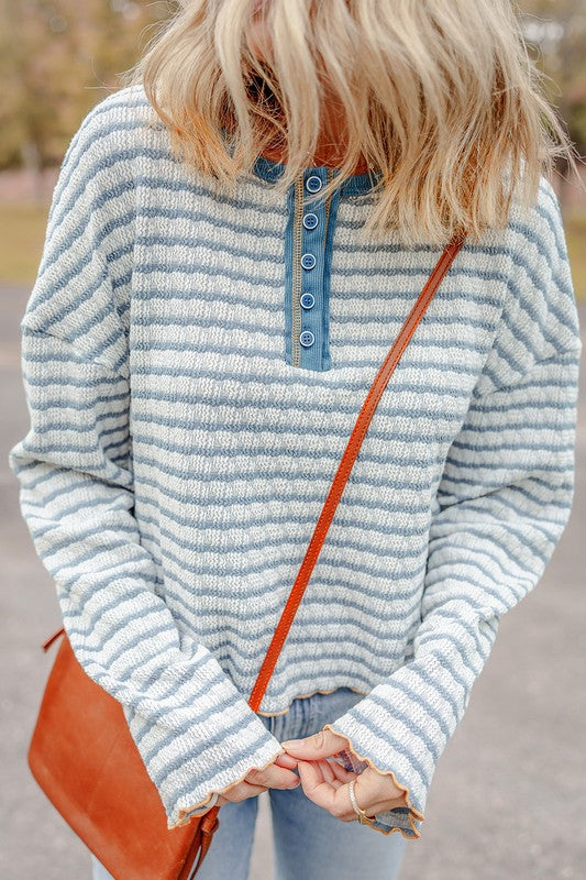 STRIPE TEXTURED LONG SLEEVE HENLEY TOP