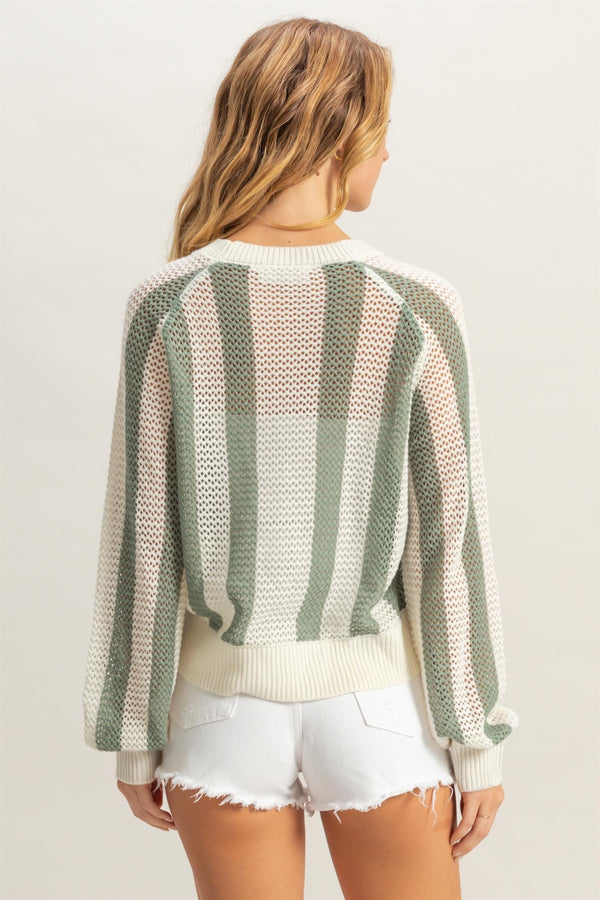 STRIPED POCKET DETAIL LONG SLEEVE SWEATER