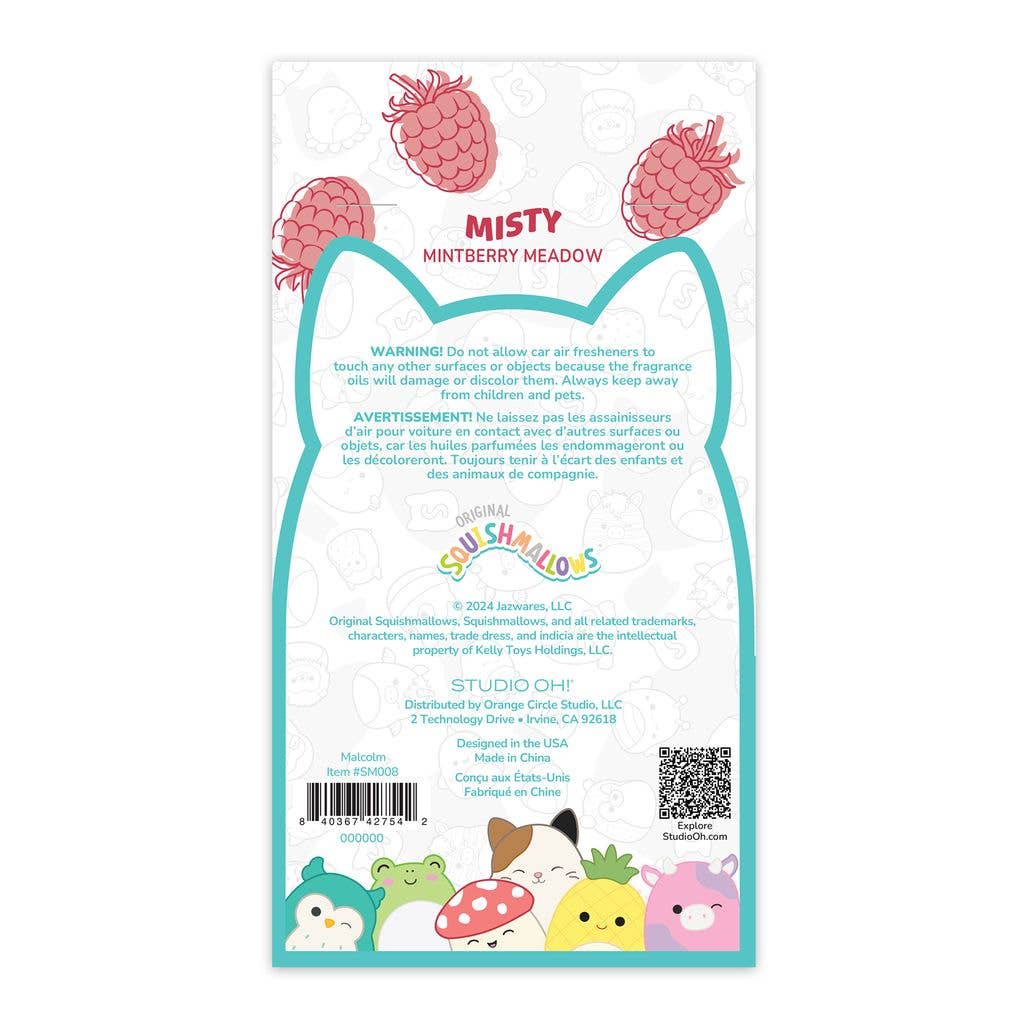 Product label with cartoon characters and branding on a white background
