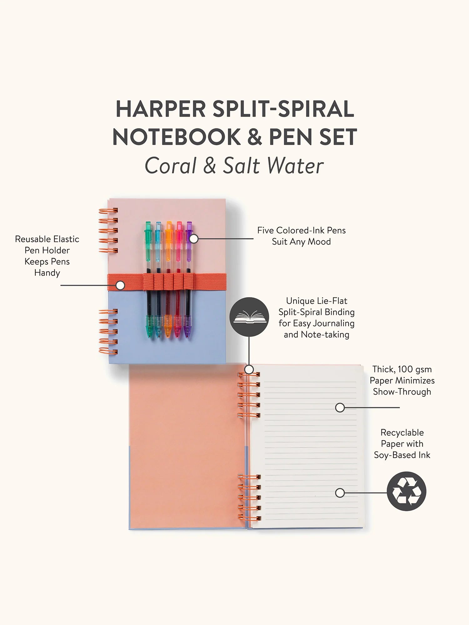 CORAL & SALT WATER HARPER SPLIT-SPIRAL NOTEBOOK & PEN SET