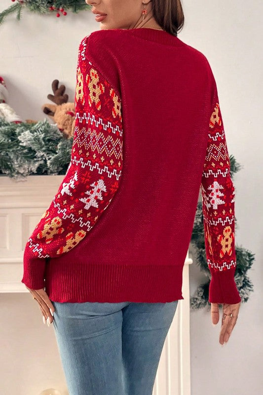 KNIT CHRISTMAS PRINT ROUND NECK LOOSE FIT SWEATER