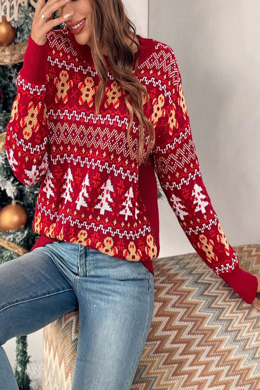 KNIT CHRISTMAS PRINT ROUND NECK LOOSE FIT SWEATER