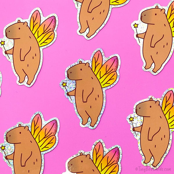 FAIRY CAPYBARA GLITTER WHIMSICAL VINYL STICKER